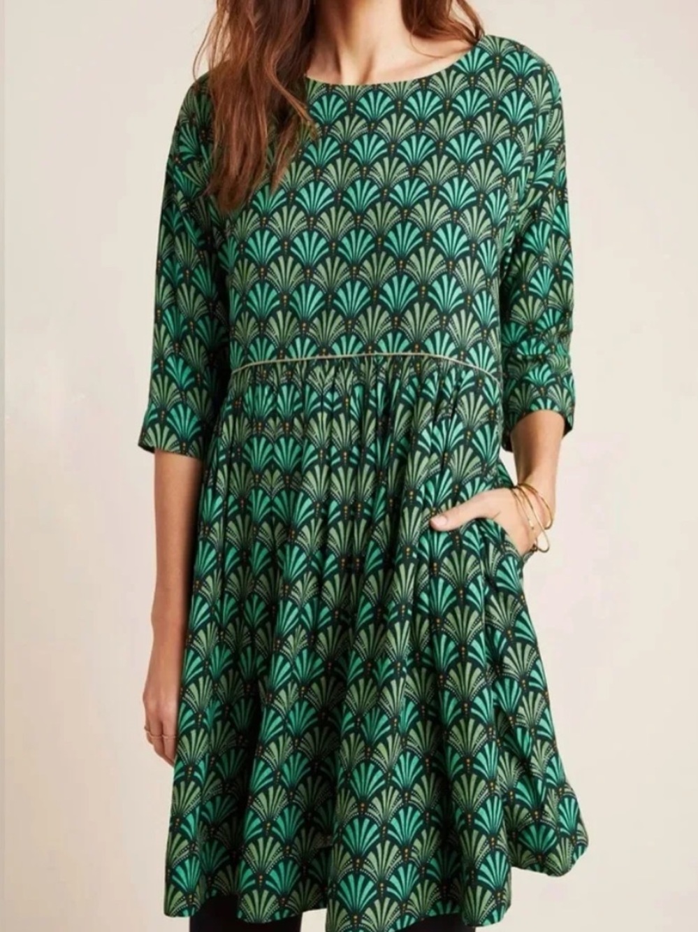 Anthropologie Maeve Magnolia Babydoll Tunic Dress Green Art Deco MP